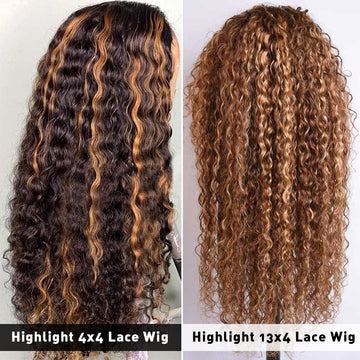 Ali Annabelle Highlight Honey Blonde on Brown Hair Water Wave 4x4 13x4 Human Hair Wigs